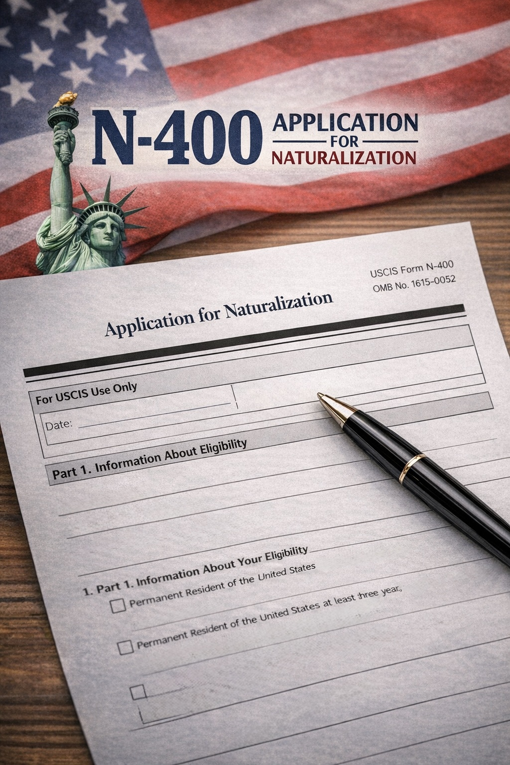 N-400 Application for Naturalization form with pen and American flag