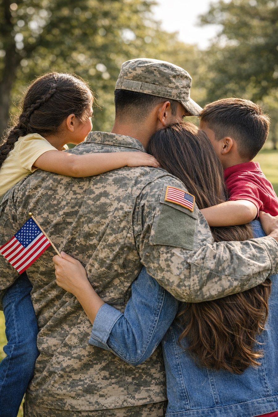 Military service member embracing family with American flag